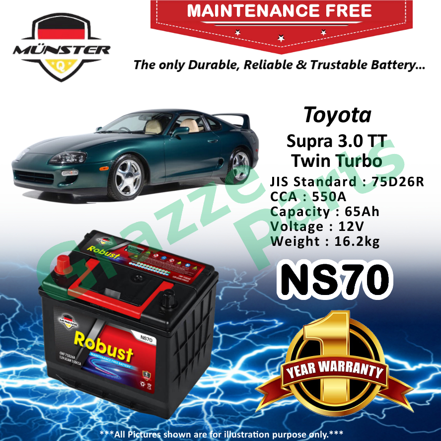 Mnster Robust MF CMF NS70 | NS70R | 75D26R (65AH) Car Battery Bateri Kereta for Toyota Supra 3.0 TT Twin Turbo