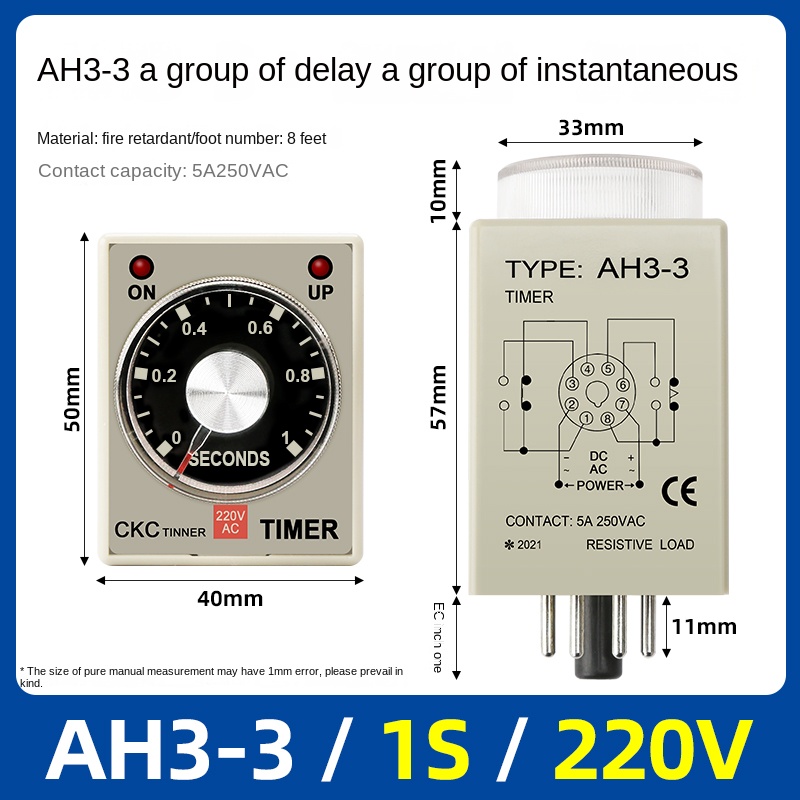Timer Relay AH3-3 -1S-220V | tùy chọn Rơ Le thời gian AH3-3, AH3-2 CKC, 1s-60m, AC220V/DC24V, Trễ Bật, 8 Chân, Công Nghiệp, IP50, Độ Chính Xác Cao