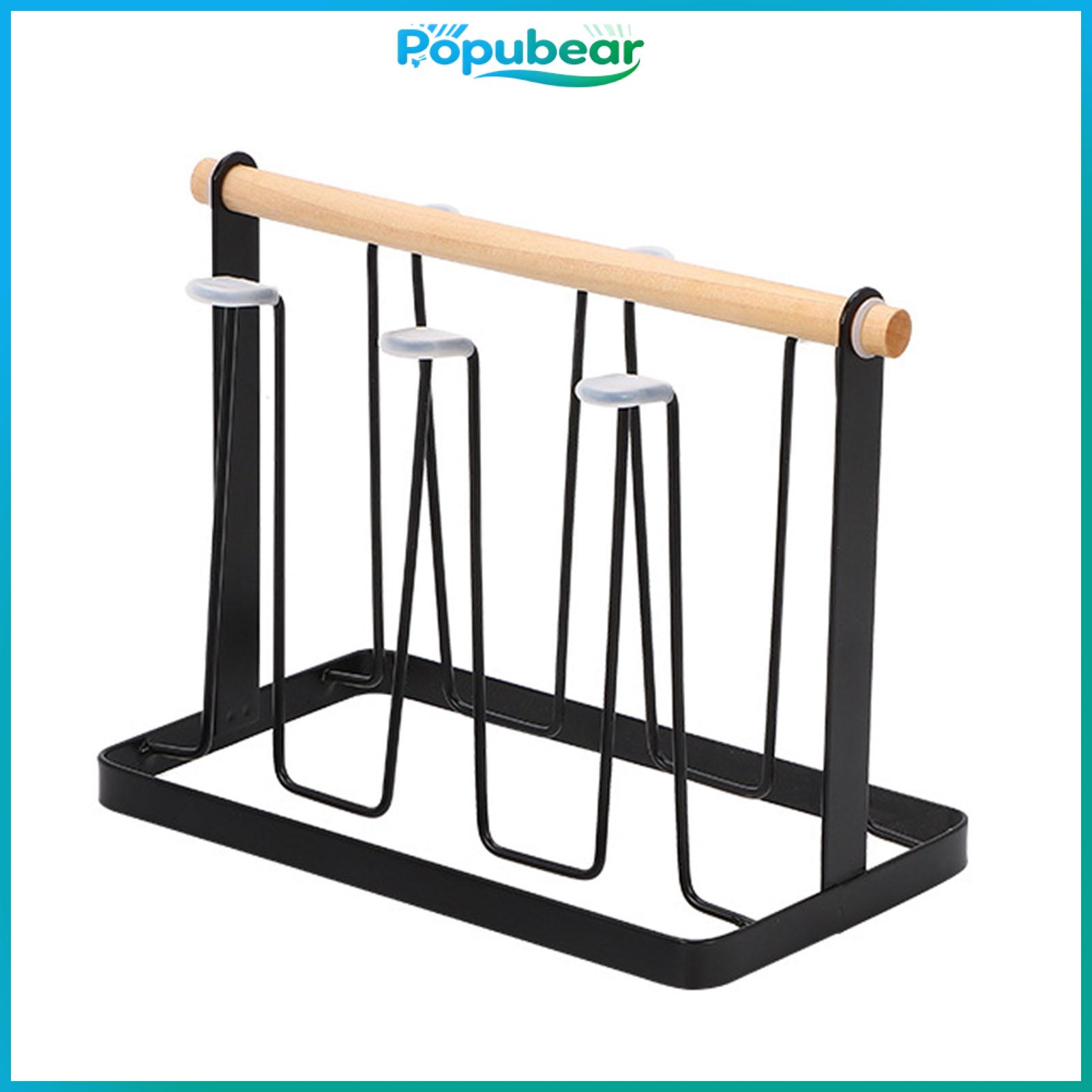 Cup Holder with Drain Tray Kitchen Cup Storage Rack Iron Cup Drying Rack with Wooden Handle Drip Tray – Space-saving Baby Bottle Mug Holder Kitchen Countertop Organizer for Glasses and Bottles ราคา 210 บาท*ส่งฟรี
