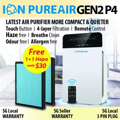 [SG Seller]Air Purifier Hepa Filter ION PUREAIR NEW GEN2 P4 MORE COMPACT/QUIETER LCD Display/Hepa/Ionize/large area SG Local Warranty