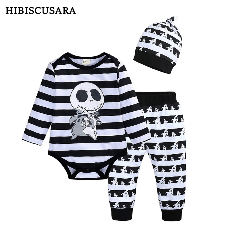 Trẻ sơ sinh Cotton Bộ quần áo xuân thu bé trai bé gái quần yếm có mũ 3Pcs Bộ Cho ma Halloween Trẻ Sơ Sinh Đồ Ngủ Mặc