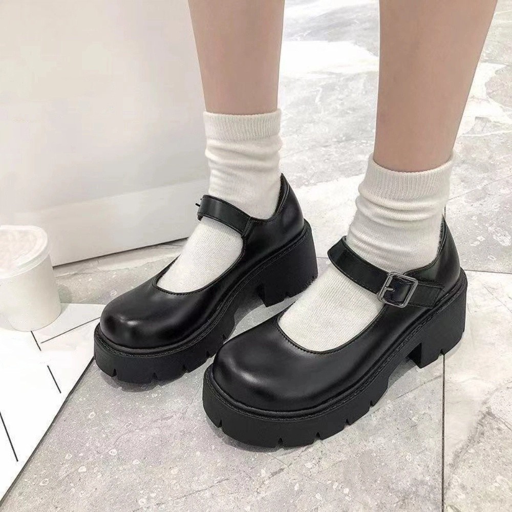 HXXM6E Bóng/Mờ Giày da Lolita JK Da PU Giày Mary Janes Giày cao gót đen Phong cách retro Khóa mắt cá chân Giày đơn giản Các cô gái
