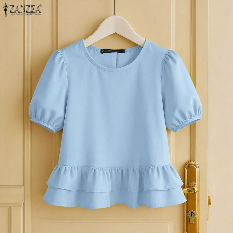ZANZEA Women Summer Ruffled Patchwork Short Sleeve Blouses Crew Neck Solid Color Top #0629 ราคา 300 บาท*ส่งฟรี