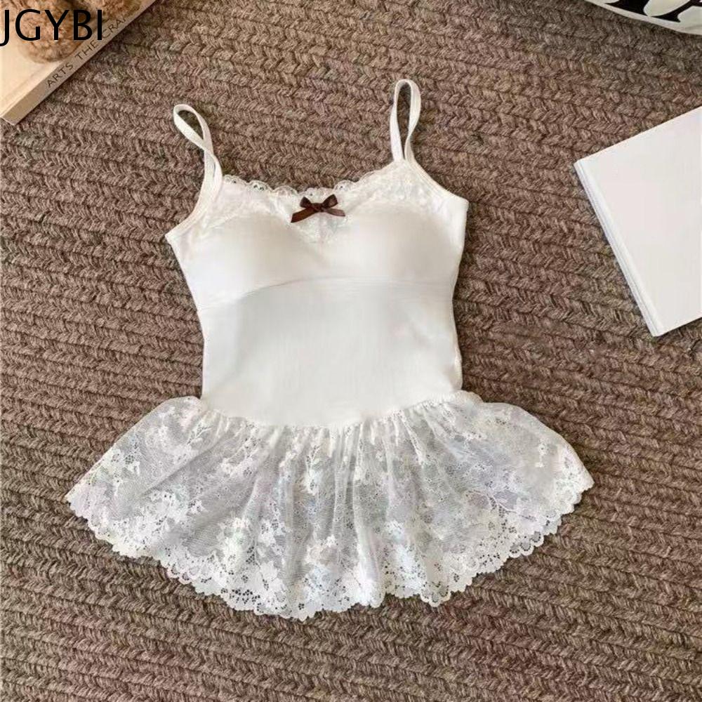 JGYBI Hoa Lưới Áo hai dây cổ chữ V ren Nơ Áo vest Áo hở eo ren mỏng Thời trang Đồ Lót Áo nữ ngọt ngào có chân váy Nữ