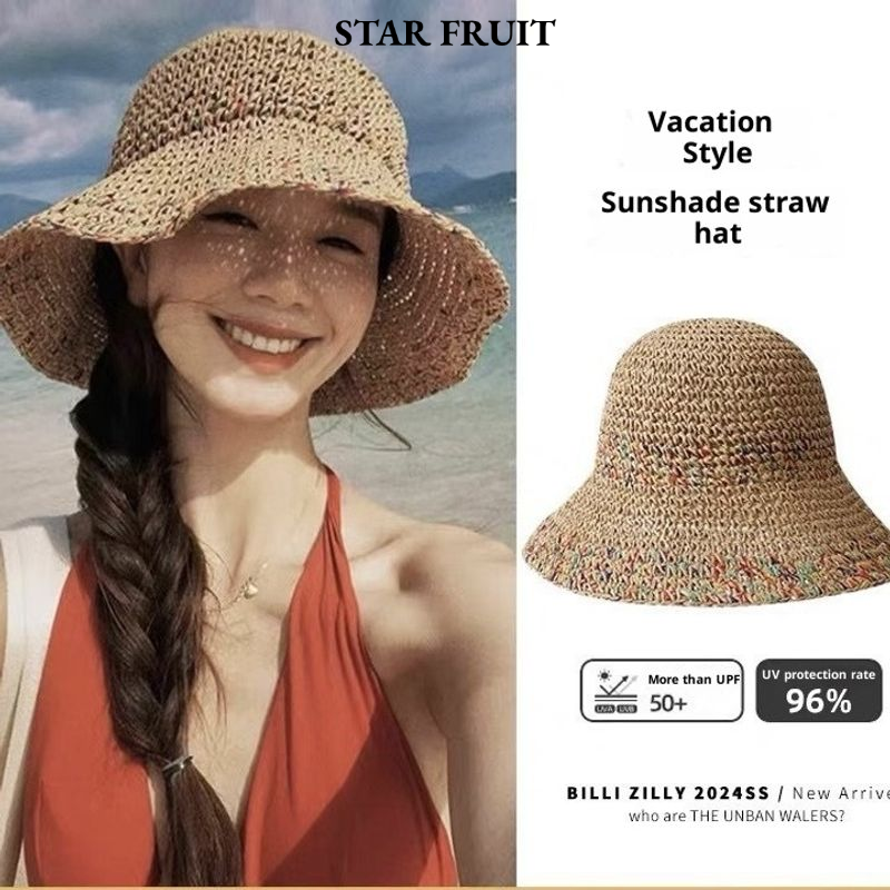 STAR FRUIT⭐ Summer Beach Straw Hat for Women, Wide Brim Sun Protection UV50+ Vacation Style Adjustable Foldable Hat ราคา 52 บาท*ส่งฟรี
