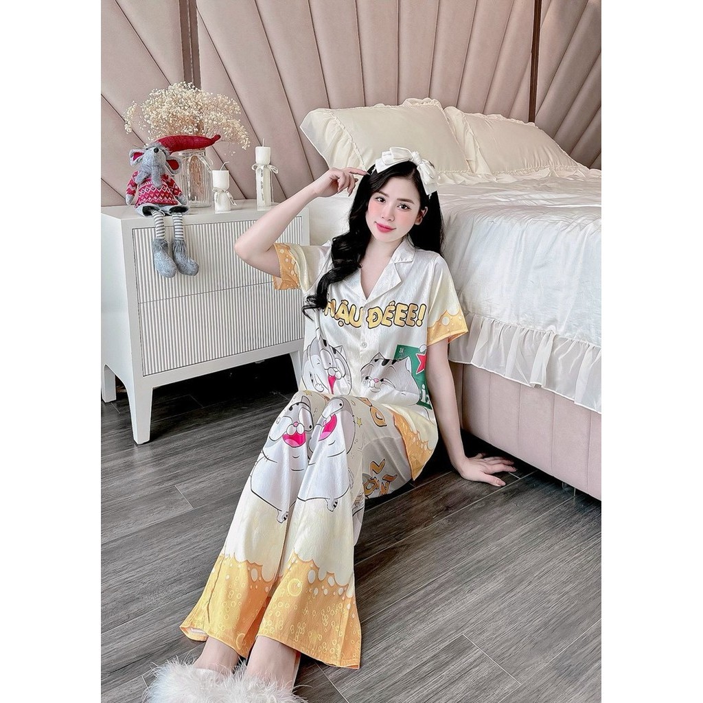 Đồ bộ mặc nhà pijama lụa xước hot trend mèo ami bụng bự cực chất freesize