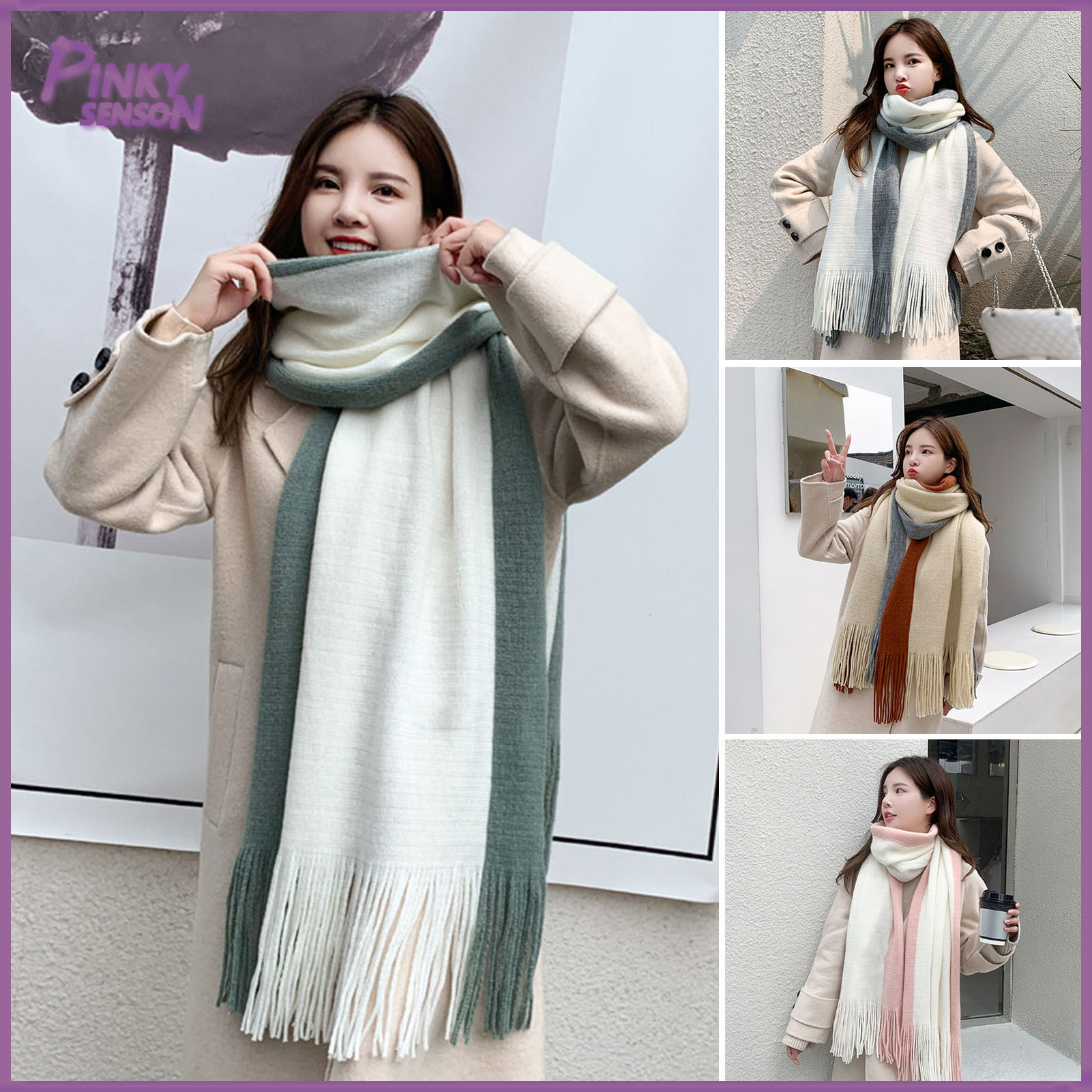Winter Women Scarf Thick Warm Long And Width Color Matching Patchwork Windproof Tassel Decor Anti-shrink Heat Retention Outdoor Neck Wrap ราคา 295 บาท*ส่งฟรี
