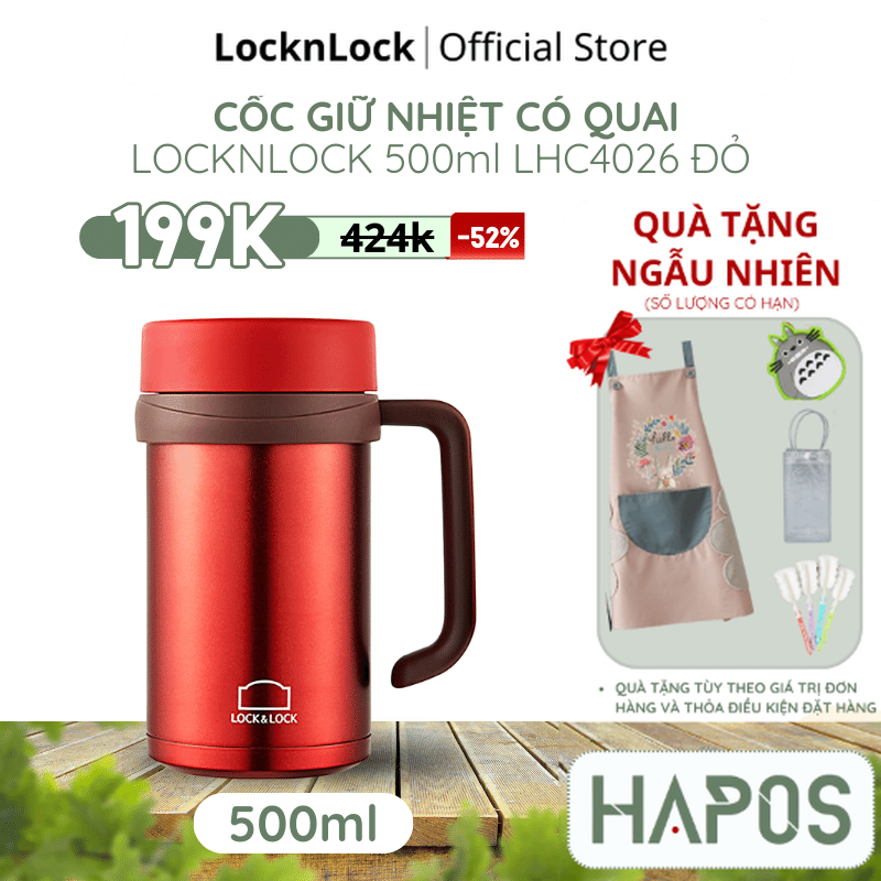 Cốc giữ nhiệt có tay cầm 500ml locknlock đựng nước new basic table lhc4026 - đỏ và đen - hapos