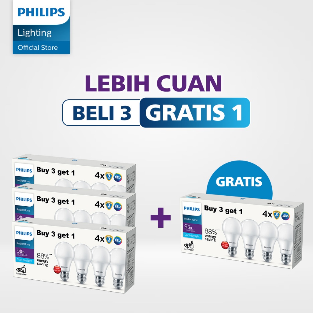 Philips Lampu LED Paket Hemat Beli 3 Gratis 1 Multipack Radiantline 9W 6500K Putih Harga  303,310 rupiah*Gratis Ongkir
