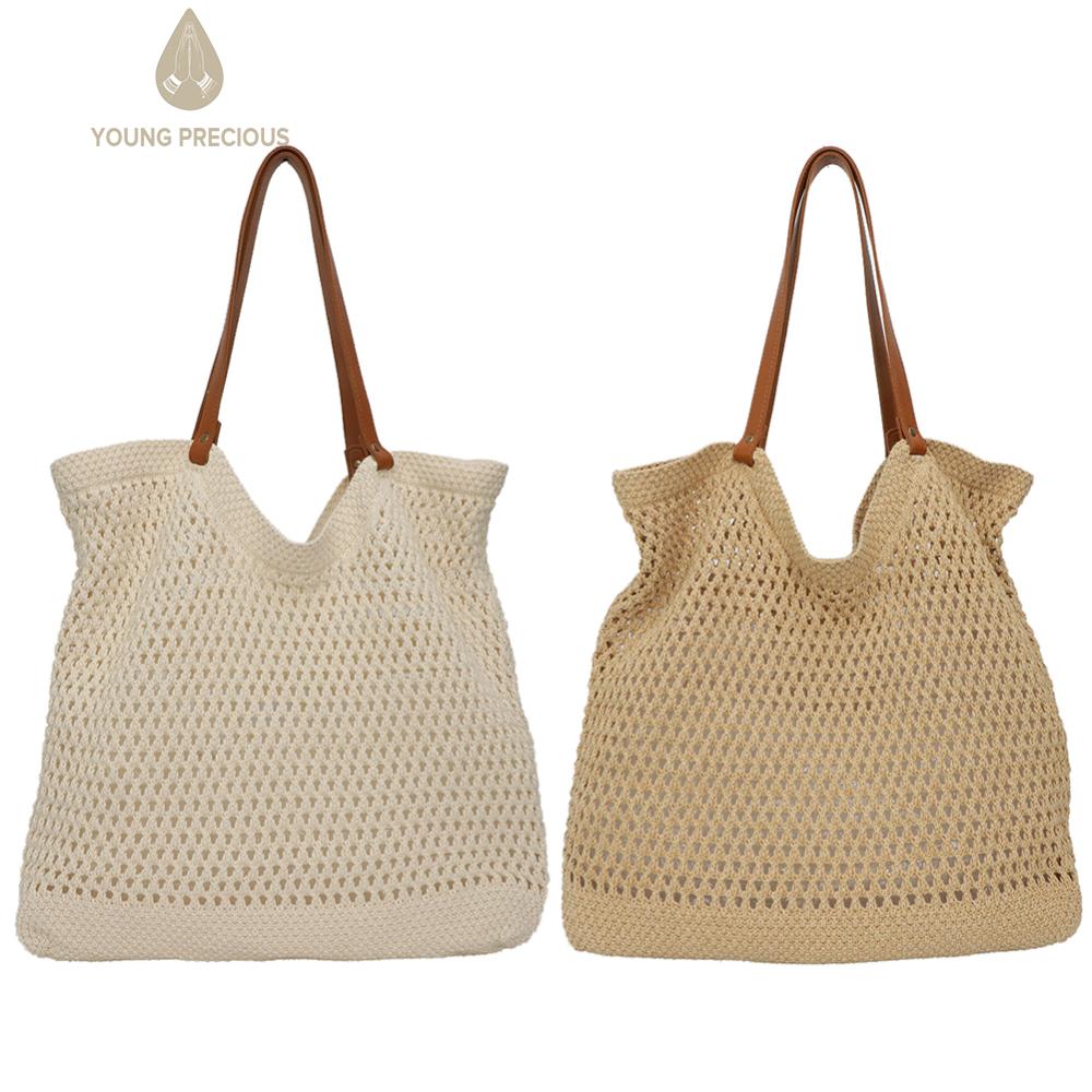 【Hàng mới】túi Tote nữ dệt kim Túi xách chạm khoét màu trơn Túi hobo dệt Túi Đeo Vai đồ len móc thủ công túi đi lại đơn giản