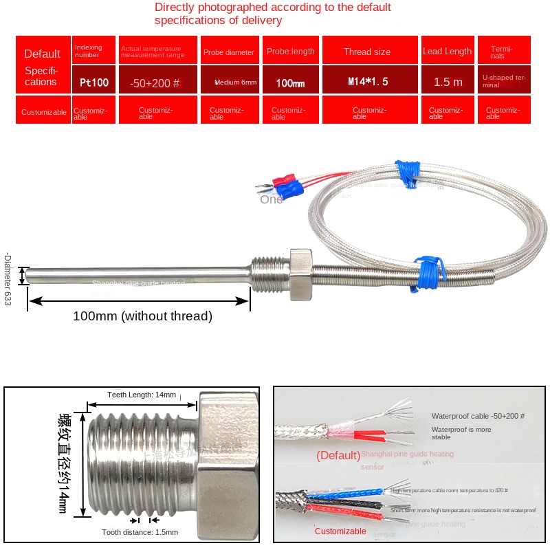 Pt100 Cảm Biến Nhiệt Độ Chống Nước Ren Cố Định | Đầu Dò 50-100mm | -50~200°C | Dây 1.5m | Thép Không Gỉ | Hàng Chính Hãng - M14 * 1.5/φ 6*100mm