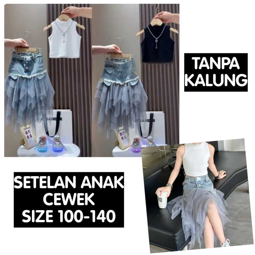 (LOLI-JKT) BS 839 SETELAN ANAK CEWEK KNIT TURTLENECK ROK JEANS TUTU RUMBAI SIZE 100-140 Harga 190,000 rupiah*Gratis Ongkir