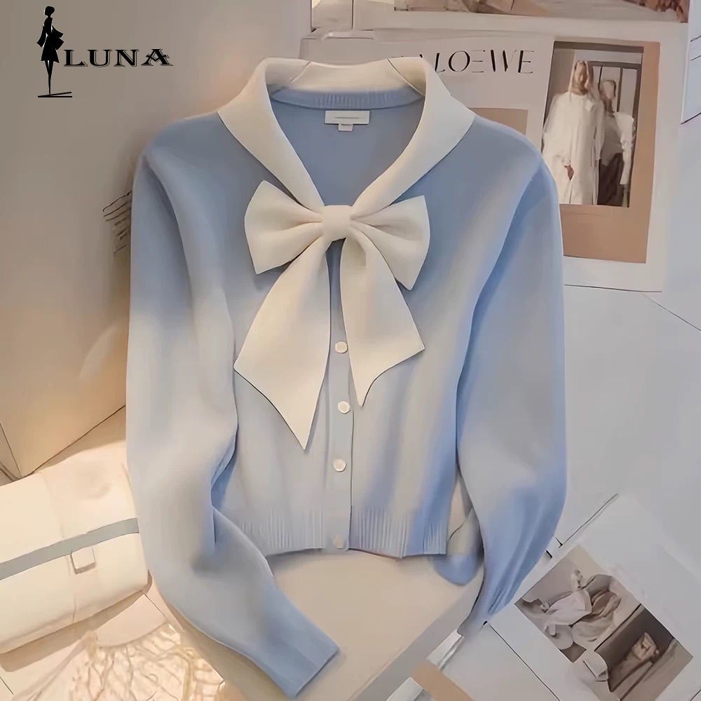 LUNAáo girl phố nữ Mùa thu đông độc đáo sang trọng lười biếng vừa vặn Bowknot đan cardigan áo len nữ thiết kế cảm giác siêu đẹp tay áo dài váy nữ đẹp đi chơi rẻ vô đố