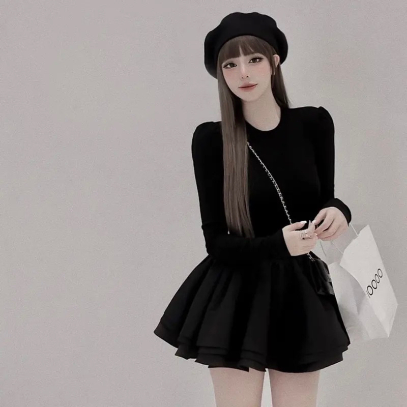 Váy đen trơn cổ tròn tay dài chất cotton phối thô tacta bồng có lót quần siêu xinh