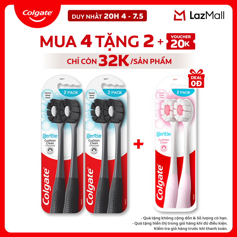[Chỉ 25-29.4_X2 Voucher giảm 20%] Bộ 4 Bàn chải Colgate Gentle Cushion Clean lông chải siêu dày tạo bọt mịn
