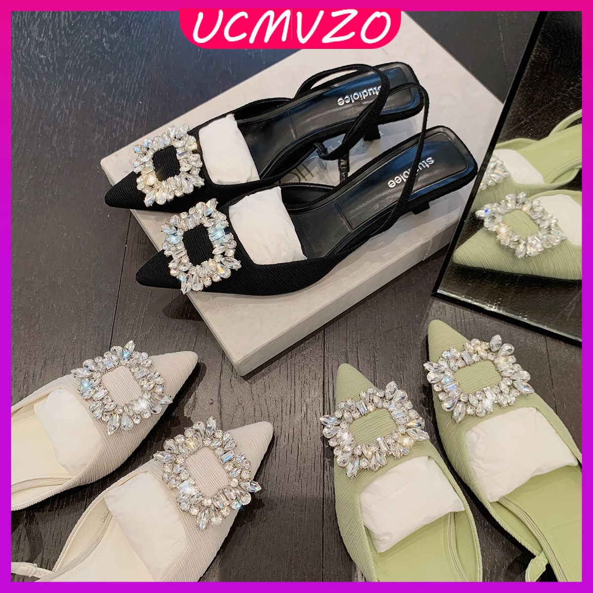 UCMVZO Large size 35-43kasut tumit tinggi women stiletto heel pointed toe design slim fit leg length surface diamond with high Heels ราคา 509 บาท*ส่งฟรี