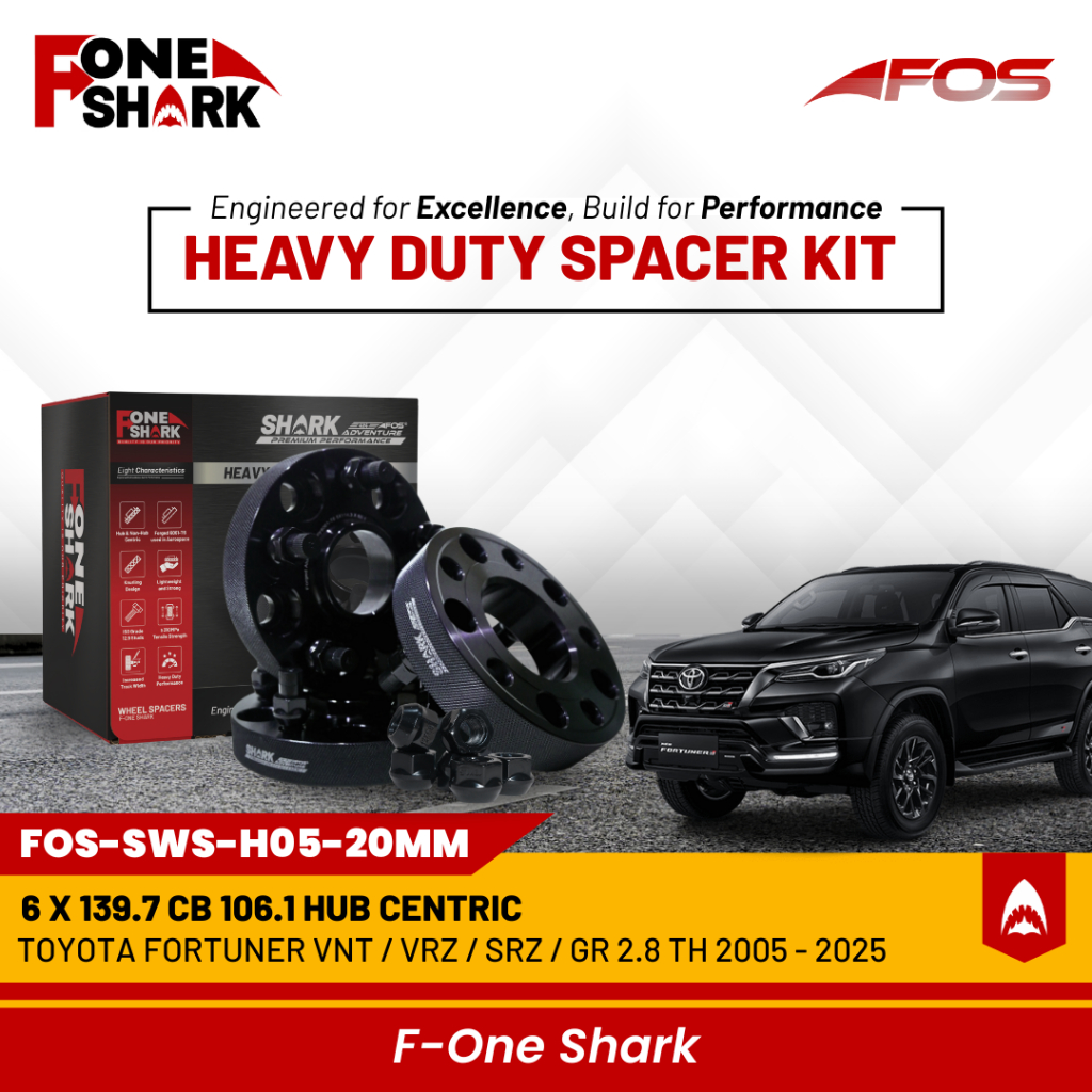 F-one shark FOS heavy duty wheel spacer adaptor Roda Velg Toyota Fortuner VNT/vrz/SRZ/GR 2.8 th 2005 - 2025 forged aluminium alloy 6061-T6 PCD 6x139.7 CB 106.1 hub centric Harga 1,200,000 rupiah*Gratis Ongkir