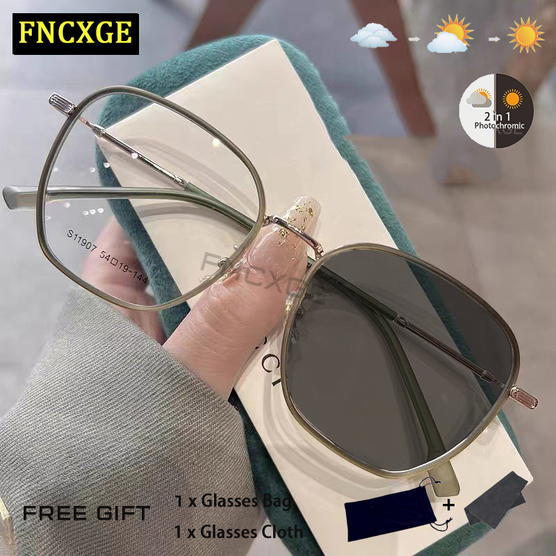 FNCXGE đổi màu Cận thị mắt kính kính nữ Cổ Điển chữ nhật gọng tia uv và ánh sáng xanh Kính Bảo Vệ Mắt có độ -0.5~-6.0