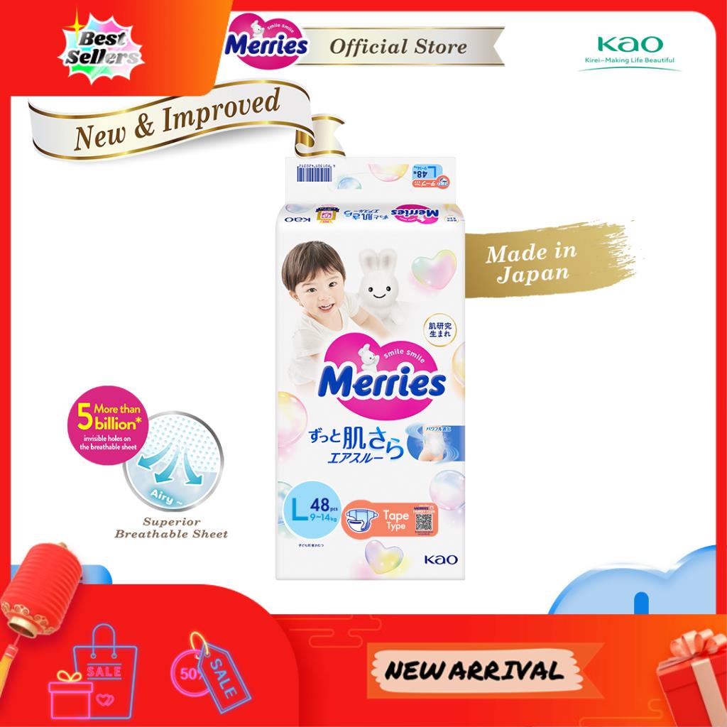 ⭐READY STOCK⭐ Merries Super Premium Tape Baby Diapers L48pcs (9kg - 14kg) Super Jumbo Packs