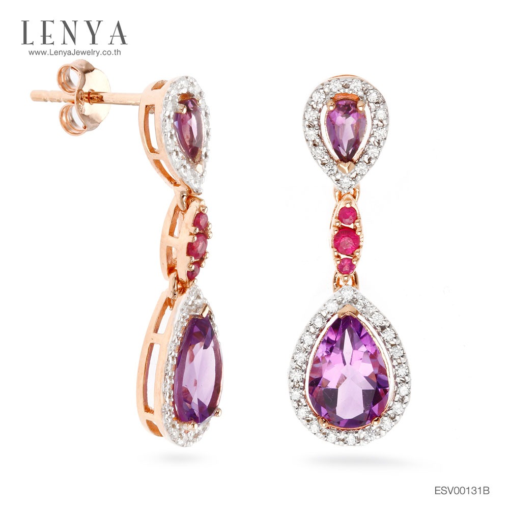 Lenya Amethyst Gemstone Earrings Enhances Peace of Mind, Mindfulness, and Wealth. Size 9X6 Mm. 925 Sterling Silver Body. Pink Gold Plated ราคา 5,900 บาท*ส่งฟรี