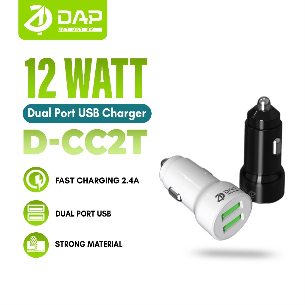 DAP D-CC2T Car Charger PD 12 watt 2.4A Dual Port USB Fast Charging For Mobil Motor Termasuk kabel data - Garansi 1 Tahun Harga 33,000 rupiah*Gratis Ongkir