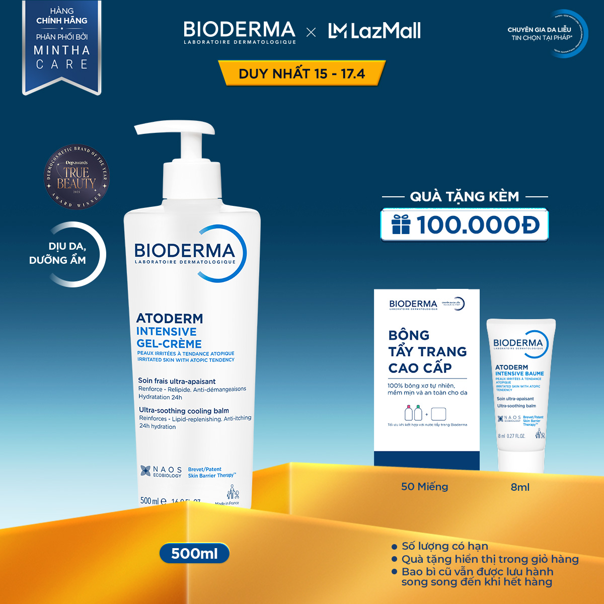 Kem gel dưỡng ẩm và làm dịu dạng gel cho ra rất khô đến viêm da cơ địa Bioderma Atoderm Intensive Gel-crème 500ml