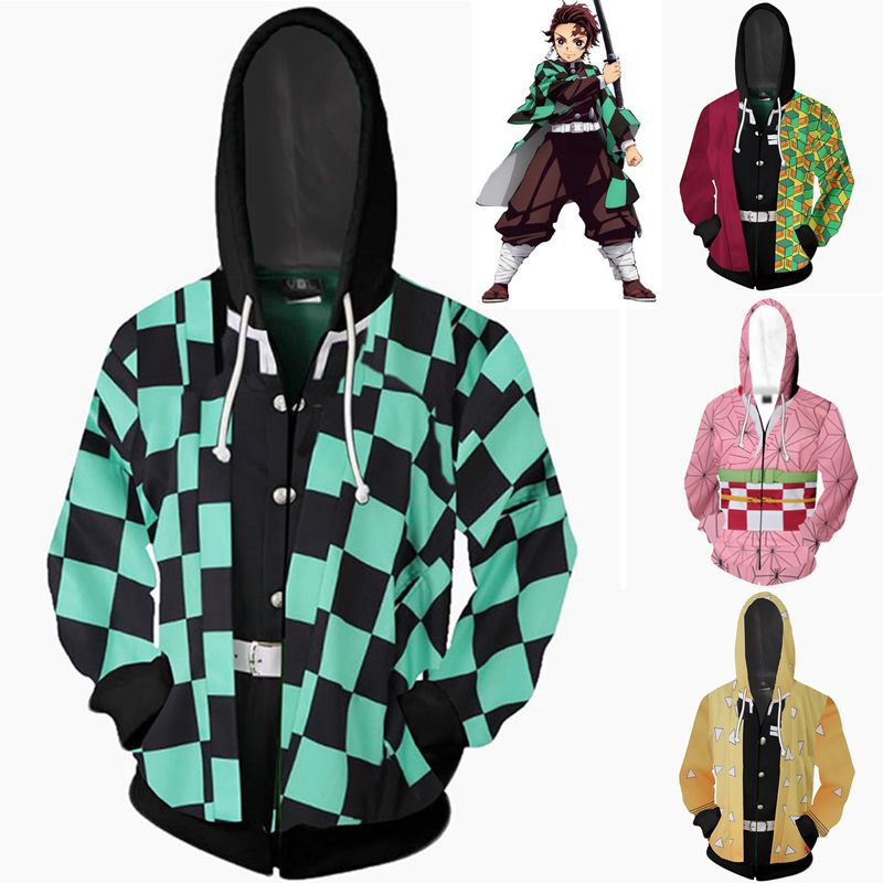 Áo khoác hoodie phối dây kéo phong cách Anime Demon Slayer Kimetsu no Yaiba Kamado Tanjirou Nezuko