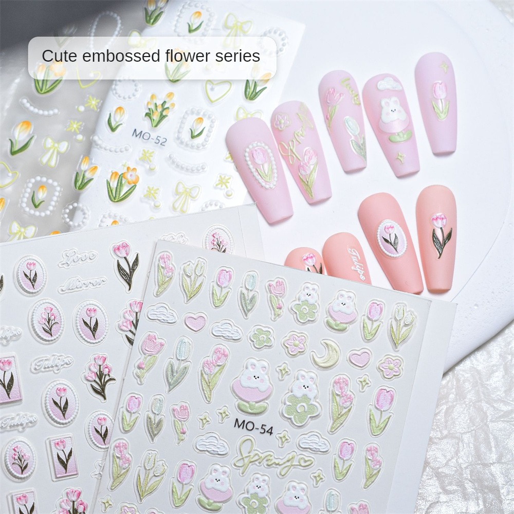 Bevy 1 cái nhãn dán móng nghệ thuật váy hoa mùa hè Miếng dán móng tay hoa trà Tulip hoa hồng mờ mỏng cứng Đề-can móng tay trang trí móng nghệ thuật
