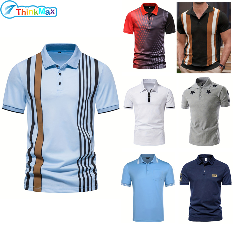 Summer Short Sleeves T-shirt For Men Casual Lapel Striped Printing Button