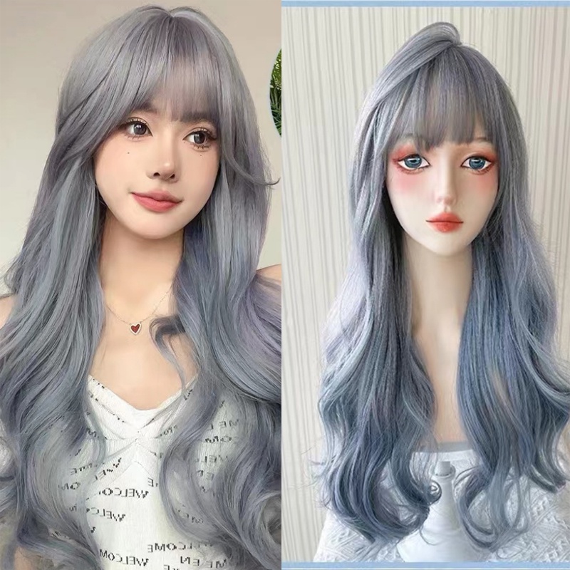 Màu xanh xám tóc giả cho phụ nữ sóng lớn dài cruls Tóc tổng hợp Lolita cosplay kiểu tóc thay đổi Tóc Giả Bao đầu với một Mũ tóc giả