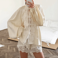 THANKSKY-B Lụa băng Bộ đồ ngủ lụa băng Viền ren Mơ Bộ đồ ngủ Mềm mại Quần short lưng thun Bộ hai mảnh Dành cho phụ nữ
