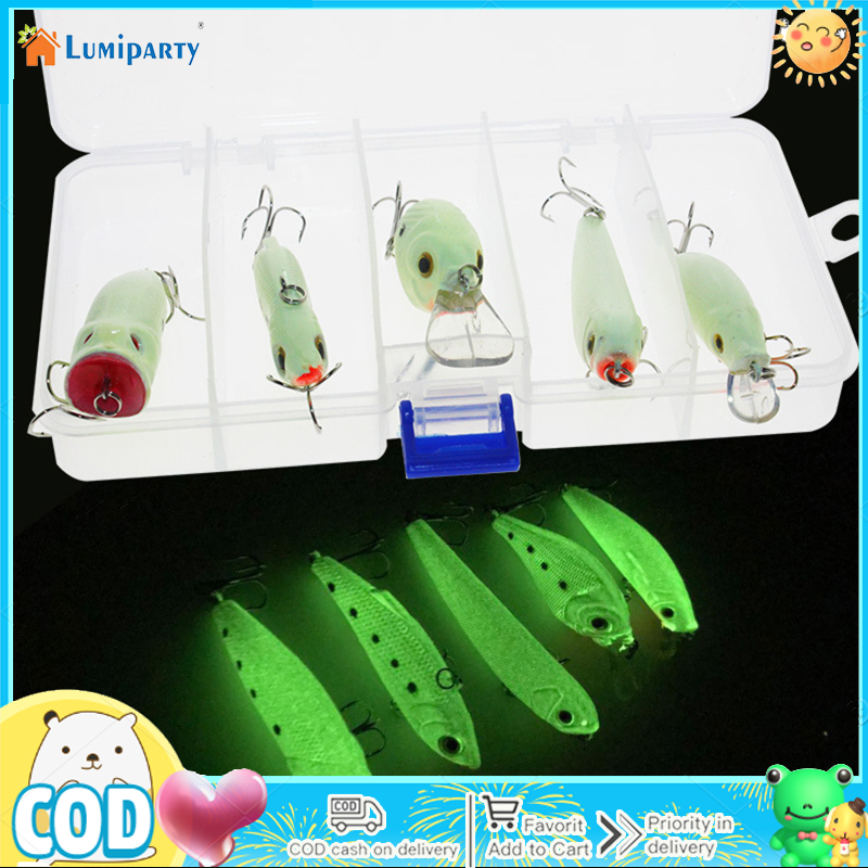 5 PCS Hard Bait Night Glow Fishing Baits With Treble Hook VIB Popper Crank Minnow Lure Set For Outdoor Bass Trout Beginners ราคา 139 บาท*ส่งฟรี