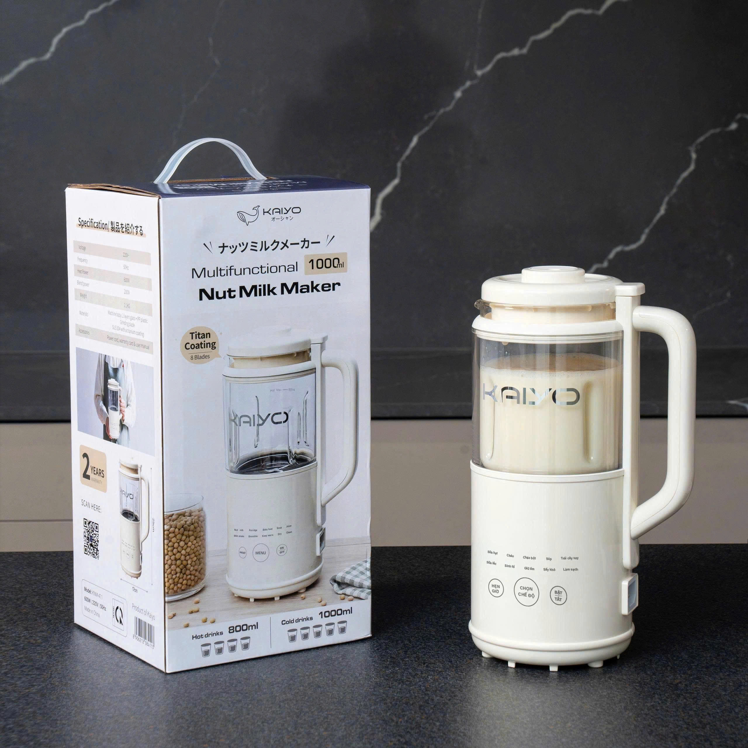 Máy làm sữa hạt chống ồn Kaiyo 1.0L công suất 600W 8 chế độ xay nấu cánh quạt và đáy làm nóng titan siêu bền - BH 2 năm