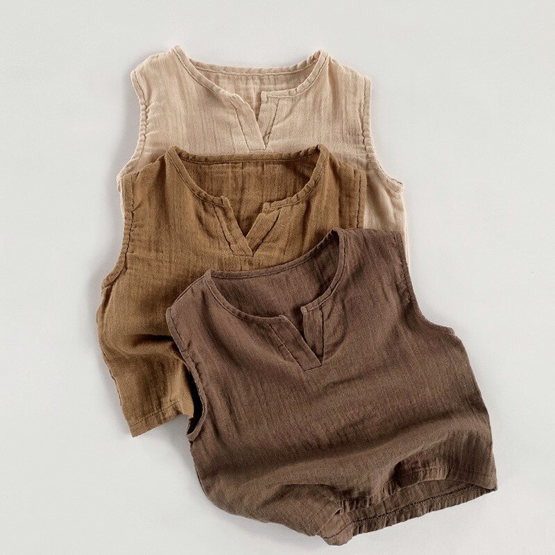 Retro Children's Cotton Gauze Sleeveless Tank Tops Summer Japanese Boys And Girls Thin Breathable Casual T-Shirts WT825