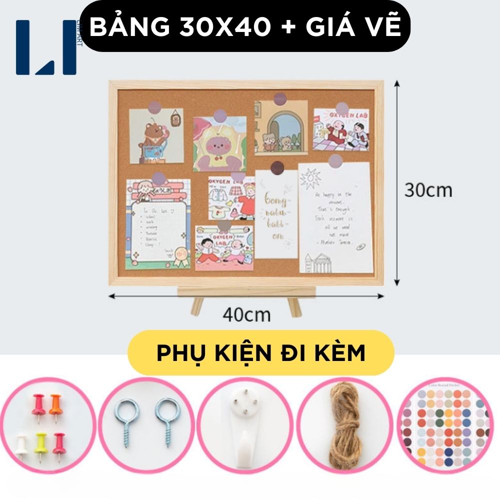 Bảng ghim gỗ bần tặng kèm sticker ghim dây móc treo đinh. Bảng ghim giấy note tranh ảnh postcard
