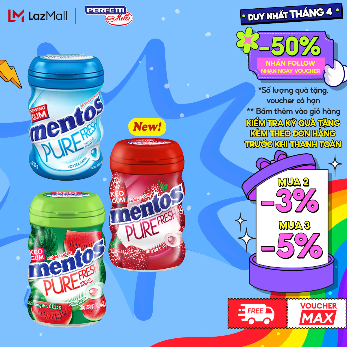 Kẹo Gum Mentos Pure Fresh Hương Bạc Hà (Hộp 6 hũ)