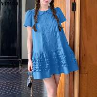 VONDA Korean Style Womens Dresses Girlish Lapel Short Sleeve Button Up Ruffled Edge A-Line Dress #0915