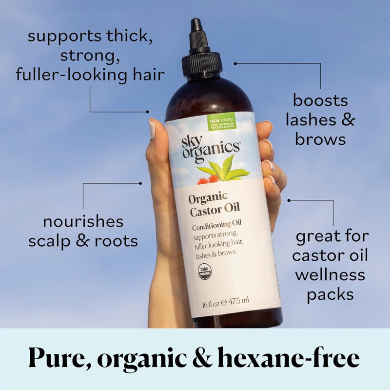 Dầu thầu dầu hữu cơ Organic Castor oil Sky Organics 473ml USA - 100% tinh khiết và ép lạnh: Dầu thầu dầu nguyên chất, chưa tinh chế của Sky Organics không chứa thêm thành phần, hương liệu, cồn hoặc chất bảo quản. Không chứa thuốcnhuộm, không chứasunfat