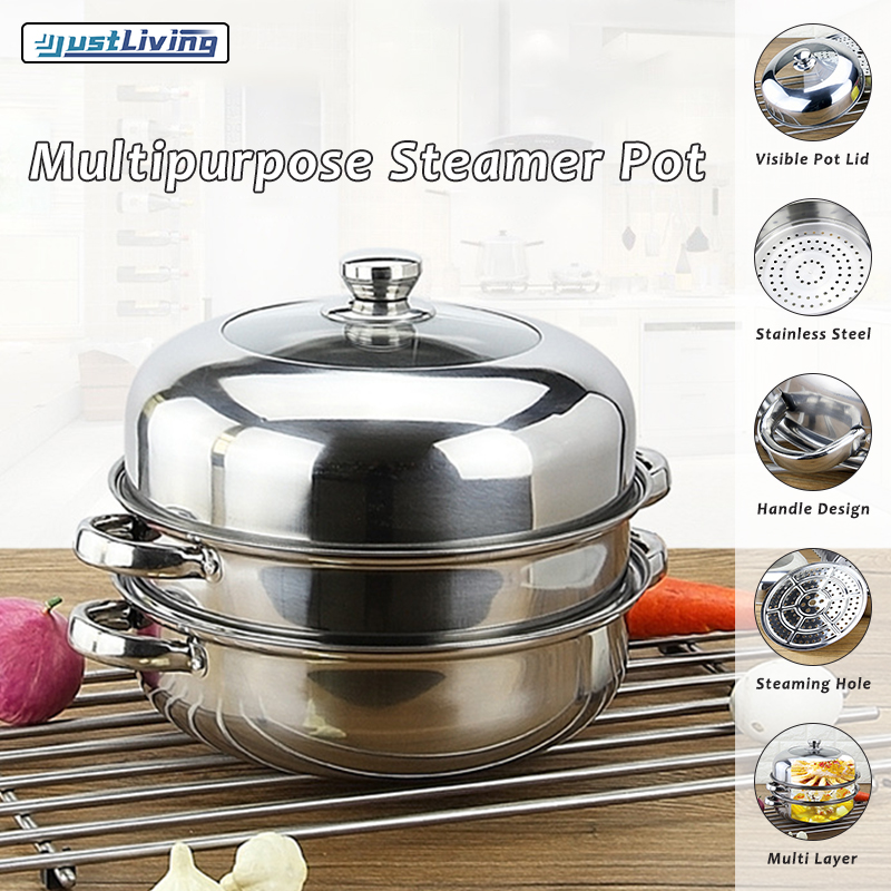 JustLiving 28cm Double-Layers Steamer Stainless Steel Cooking Pots Thickened Extra Large Home Steamer Steamed Bread Pot for Steaming Fish Soup Event Gifts Hotpot Kitchen Cookware ราคา 593 บาท*ส่งฟรี