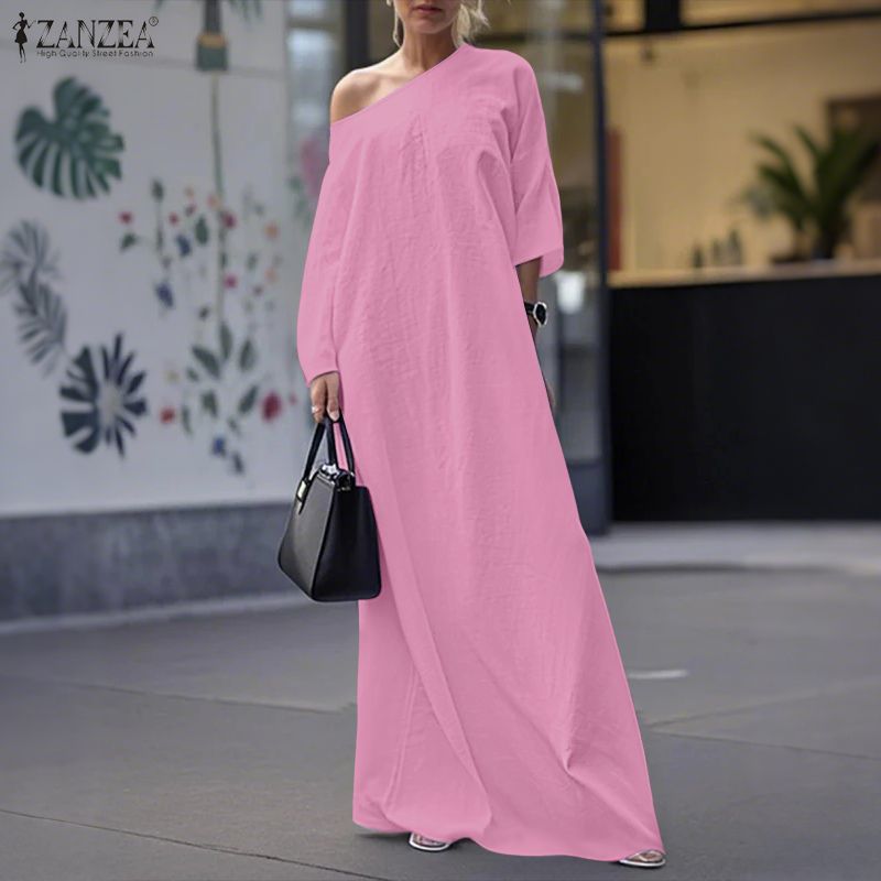 Celmia ZANZEA Phụ Nữ Thanh Lịch Phong Cách Hở Vai Đầm maxi dài tay mùa thu Áo choàng trơn màu Làm Việc Sundress #1020