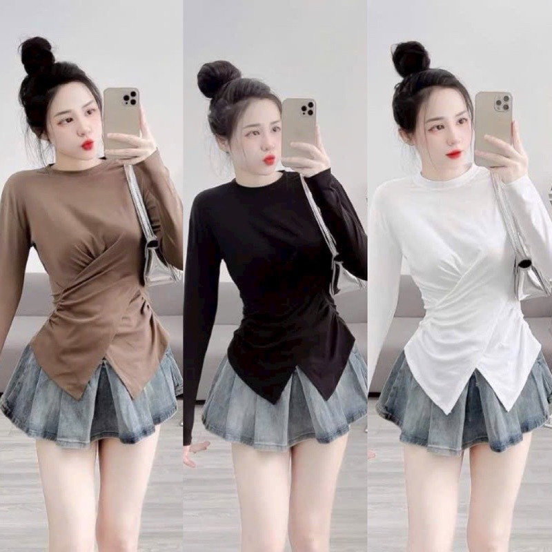 Hàng Quảng Châu Áo thun đắp chéo tay dài vạt nhọn