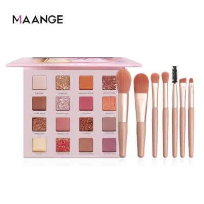 MAANGE Eyeshadow Palette 16 Colors Glitter Shimmer Palette + 7Pcs Makeup Brush Set Pink
