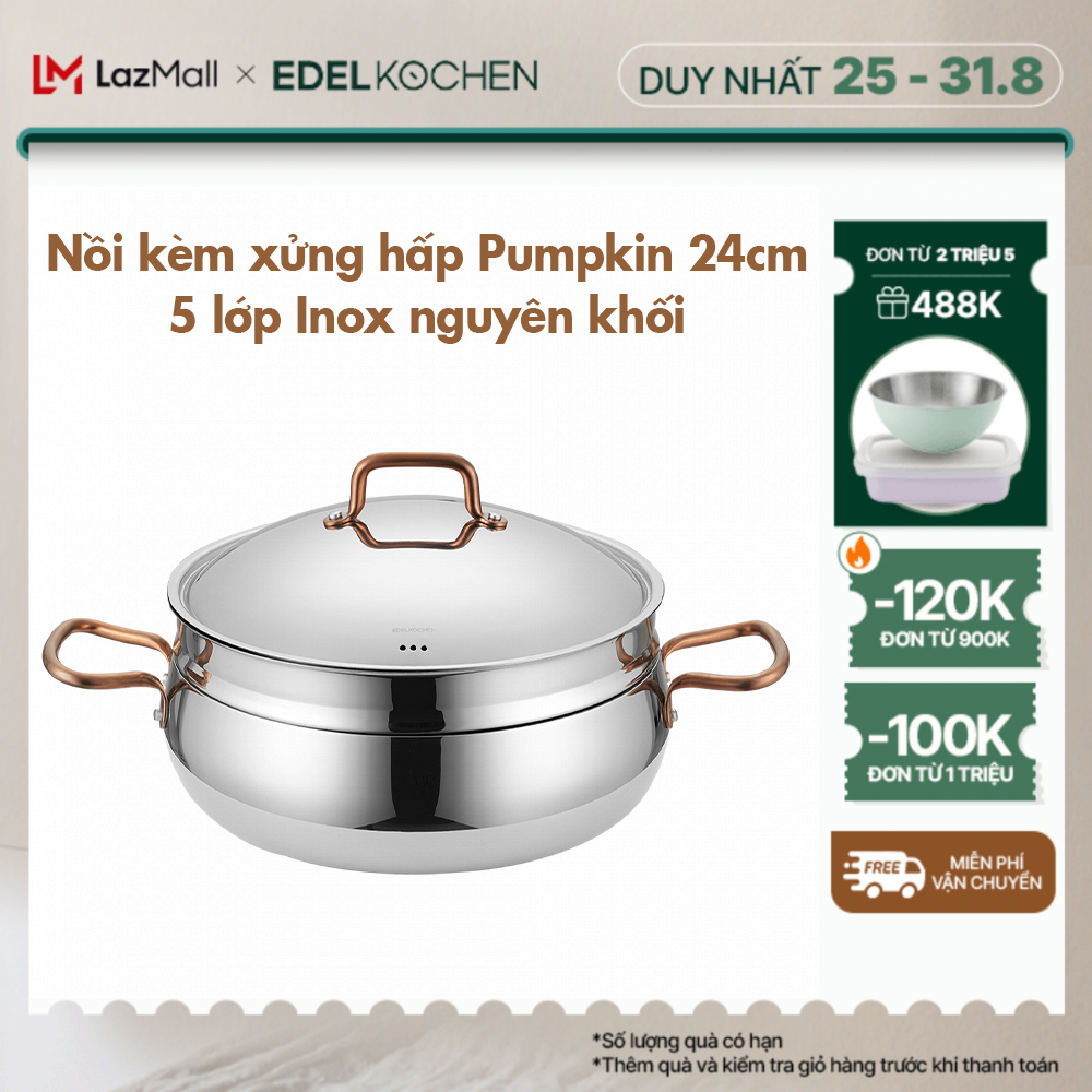 Nồi inox kèm xửng hấp 5 lớp nguyên khối cao cấp Edelkochen Pumpkin Collection size 24cm