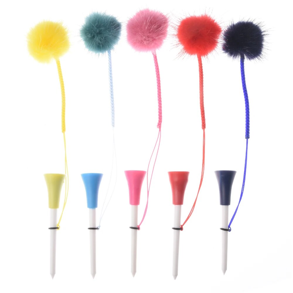 5Pcs Golf Rubber Tees With 4cm Imitation Mink Fur Plush Balls Handmade Rope Prevent loss Different Colors Golf Ball Holder