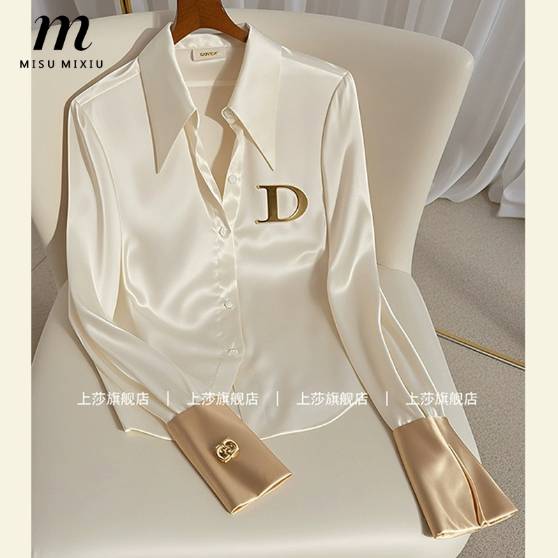 Mizumixiu phong cách phương Tây cao cấp trắng Acetate satin Áo sơ mi cho phụ nữ, thời trang và cao cấp dài tay Top