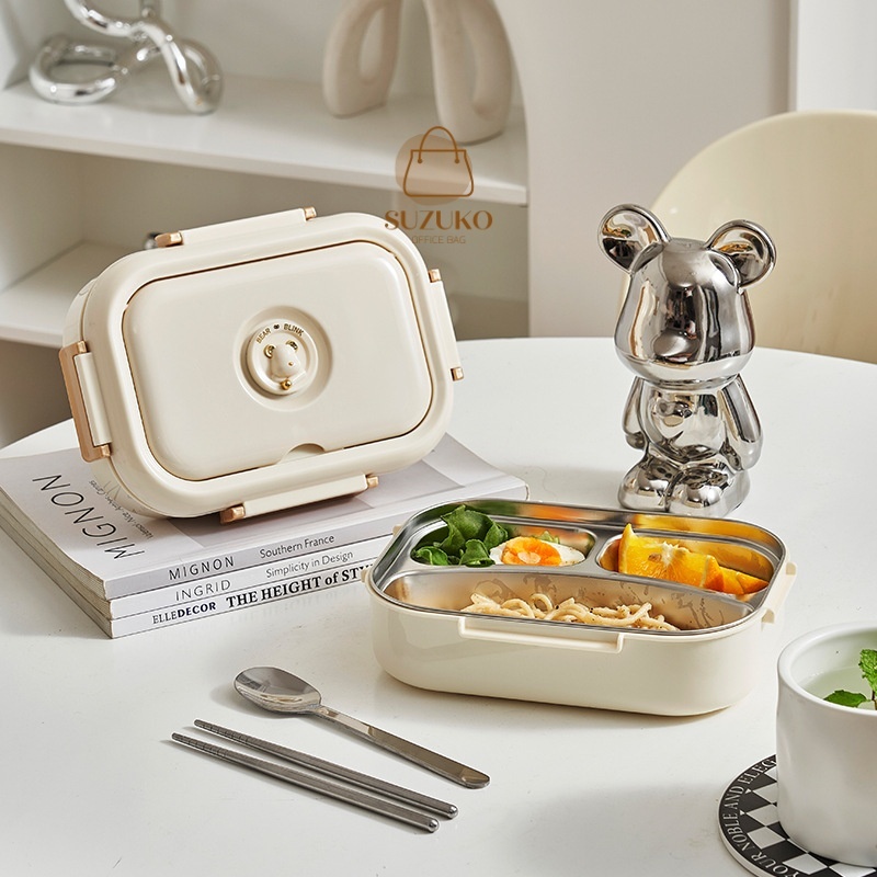 Hộp cơm 3 ngăn Inox 304 họa tiết Bear Blink, Hộp đựng cơm mang văn phòng giữ nhiệt tặng kèm muỗng đũa HC06 Giá 158,600 Đồng*Miễn phí vận chuyển