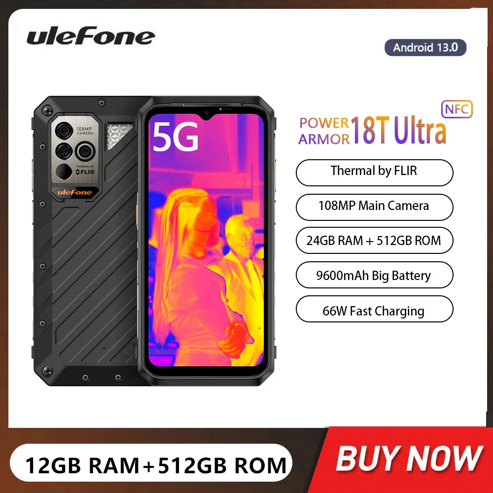 Ulefone Power Armor 18T Ultra 5G Rugged Smartphones 12GB+512GB Android 13 Cell Phone 108MP Thermal Imaging 66W Fast Charging NFC