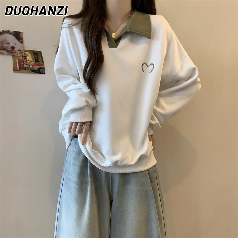 Duohanzi cổ áo polo tay áo dài Áo Cho Phụ Nữ Mùa Thu vừa rộng Mới Thiết Kế Quá Khổ thêu trái tim Giản Dị áo sang trọng