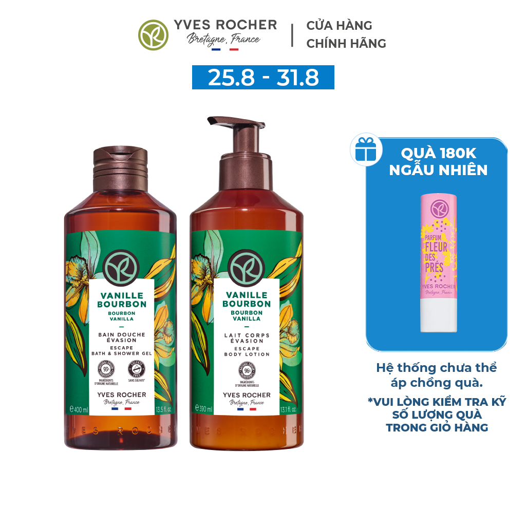 Combo Sữa Tắm, Sữa Dưỡng Thể Làm Sạch và Dưỡng Ẩm Cơ Thể Yves Rocher Hương Vani Bourbon Vanilla