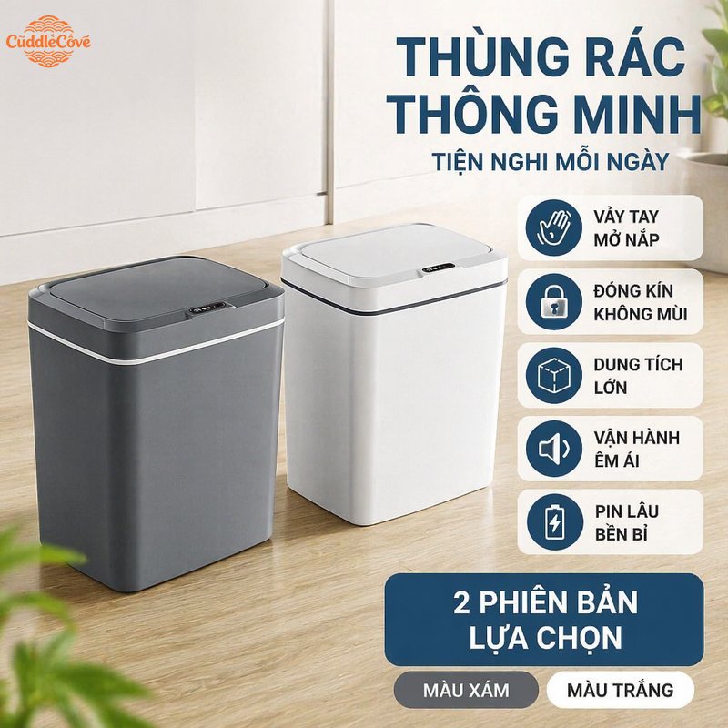 CuddleCove thùng rác thông minh cảm biến tự động 15l khử mùi nắp kín chống tràn cho bếp phòng tắm gia đình